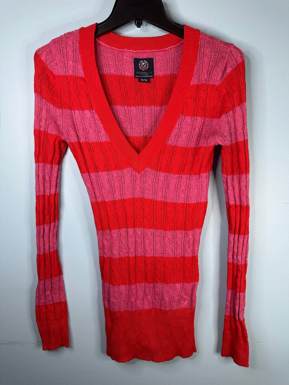 American Eagle Outfitters pink and red striped V-neck cable knit sweater Medium